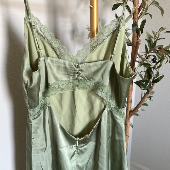 Love Triangle Satin Cami Dress With Lace Trim - Sage Green - Picture 6 of 7